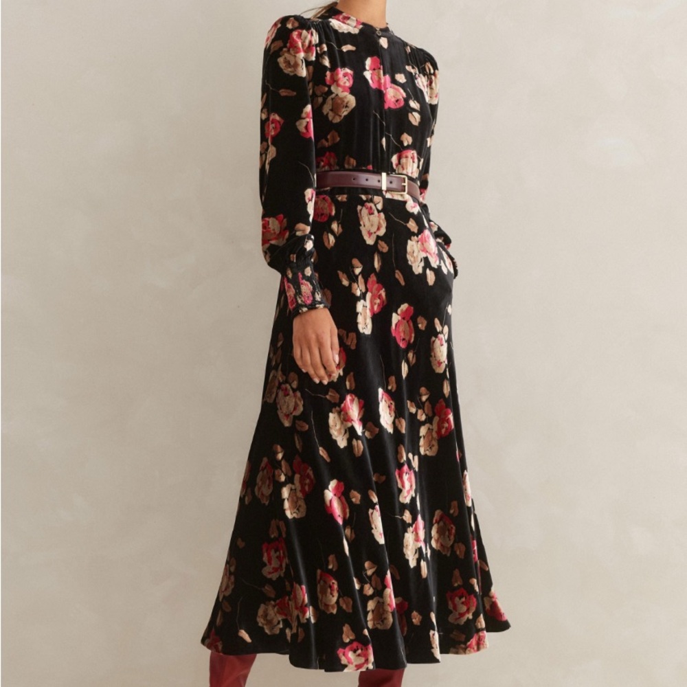 ME+EM Sz 4 Natural Silk-blend Velvet Tea Rose Print Midi Dress
